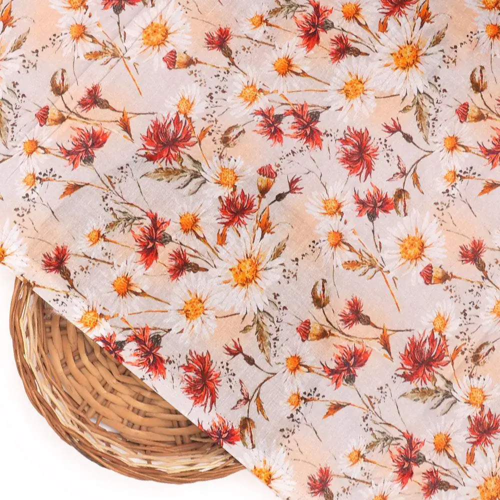 Daisy Branch Of White Flower Digital Printed Fabric - Cotton - Image 2