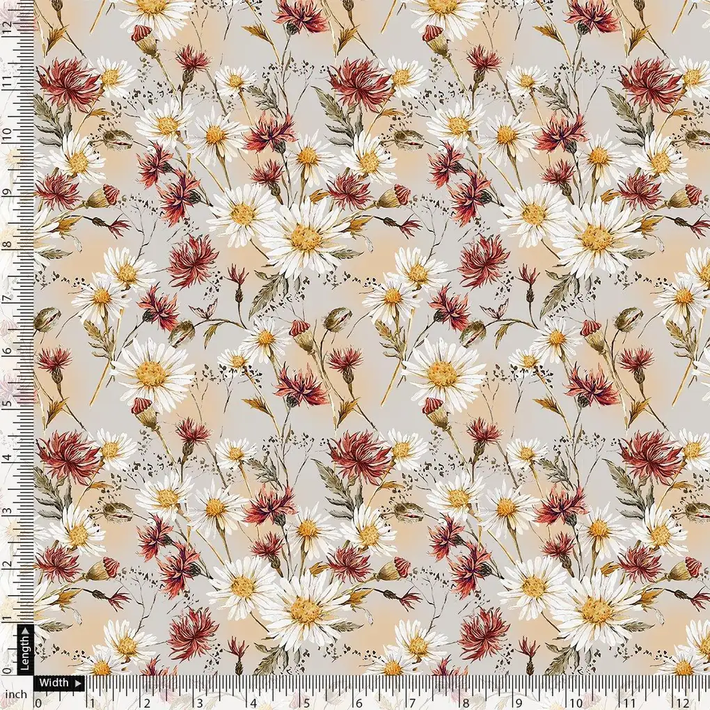 Daisy Branch Of White Flower Digital Printed Fabric - Rayon - Image 4