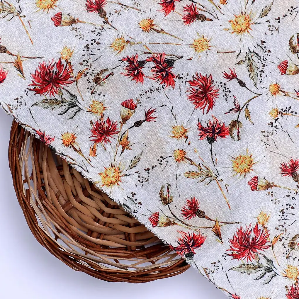 Daisy Branch Of White Flower Digital Printed Fabric - Silk Crepe - Image 2