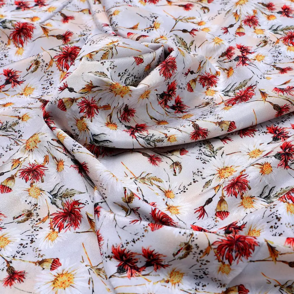 Daisy Branch Of White Flower Digital Printed Fabric - Silk Crepe - Image 3