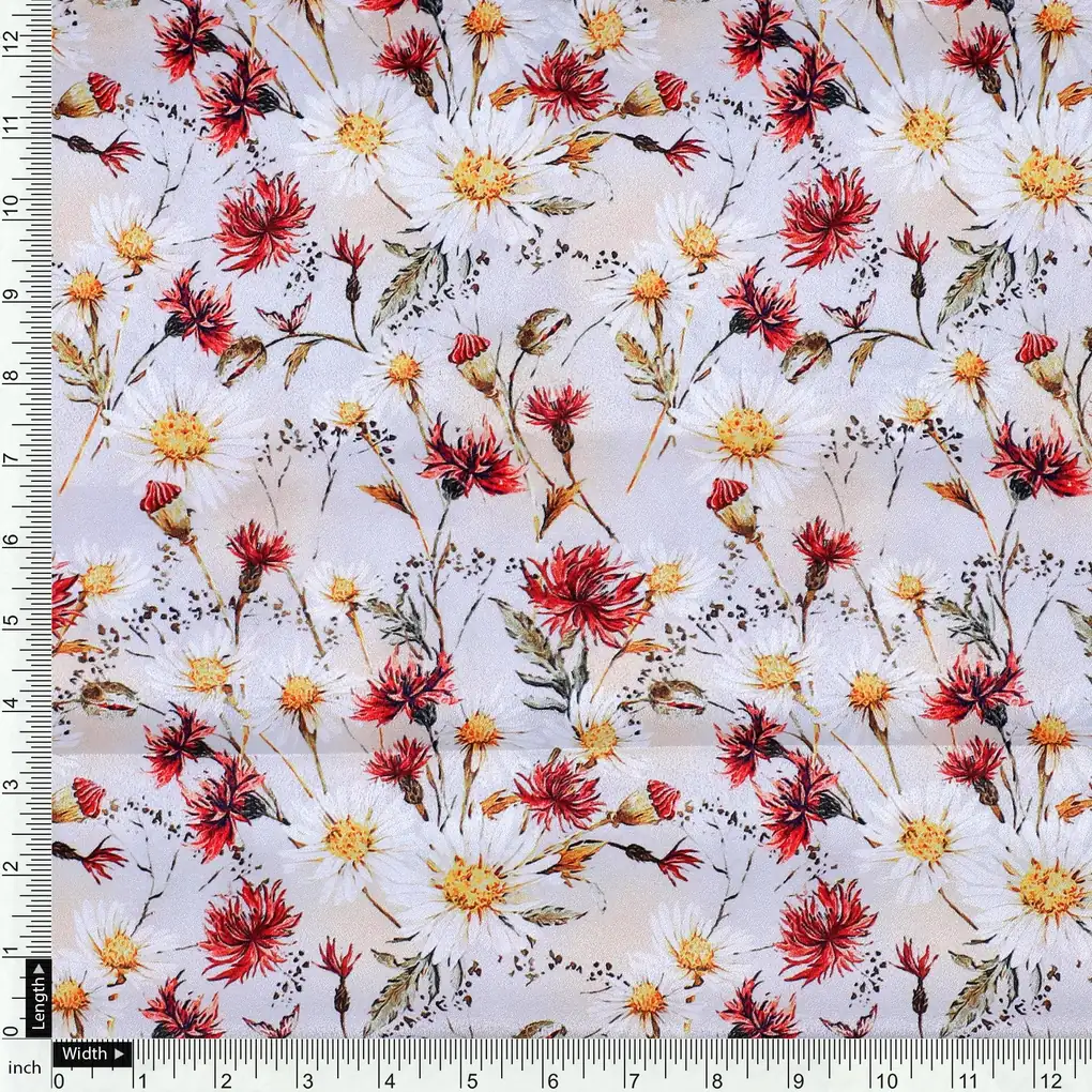 Daisy Branch Of White Flower Digital Printed Fabric - Silk Crepe - Image 4