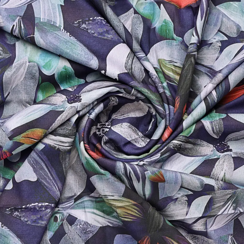 Dark Blue & Green Abstract Leaves Floral Digital Printed Polyester Fabric - Image 2