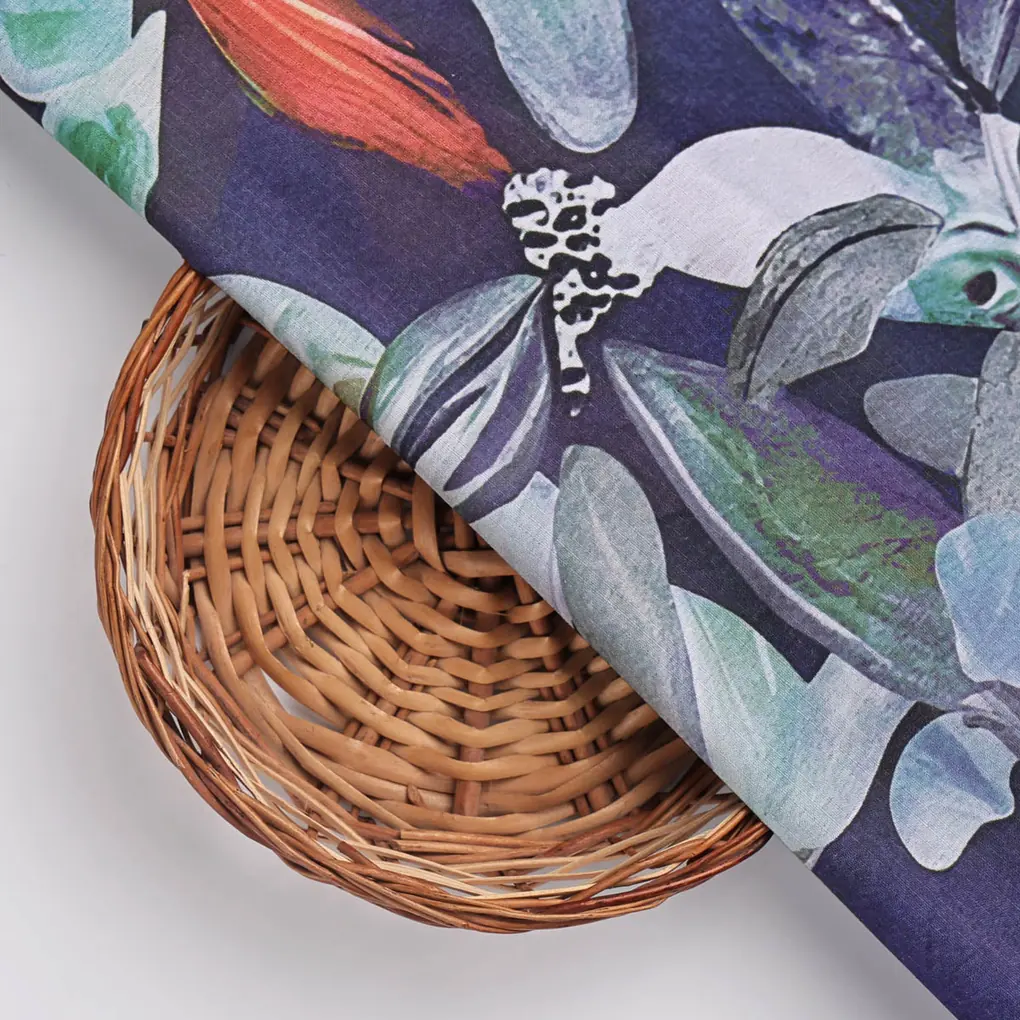 Dark Blue & Green Abstract Leaves Floral Digital Printed Polyester Fabric - Image 3