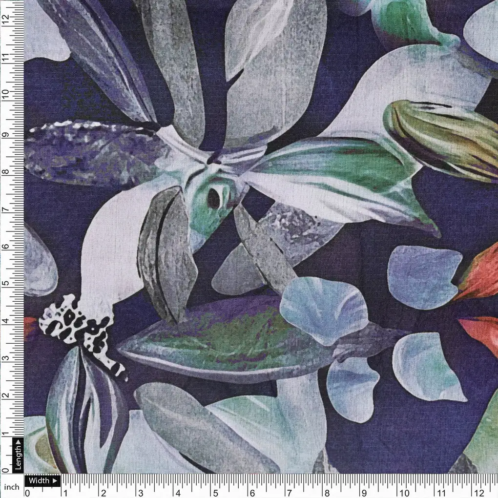 Dark Blue & Green Abstract Leaves Floral Digital Printed Polyester Fabric - Image 4