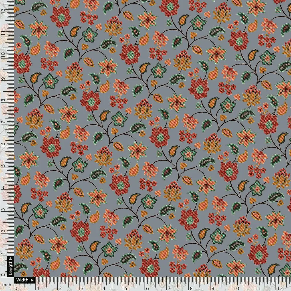 Dark Gray, Red, Yellow Western Pashmina Printed Fabric - Image 5