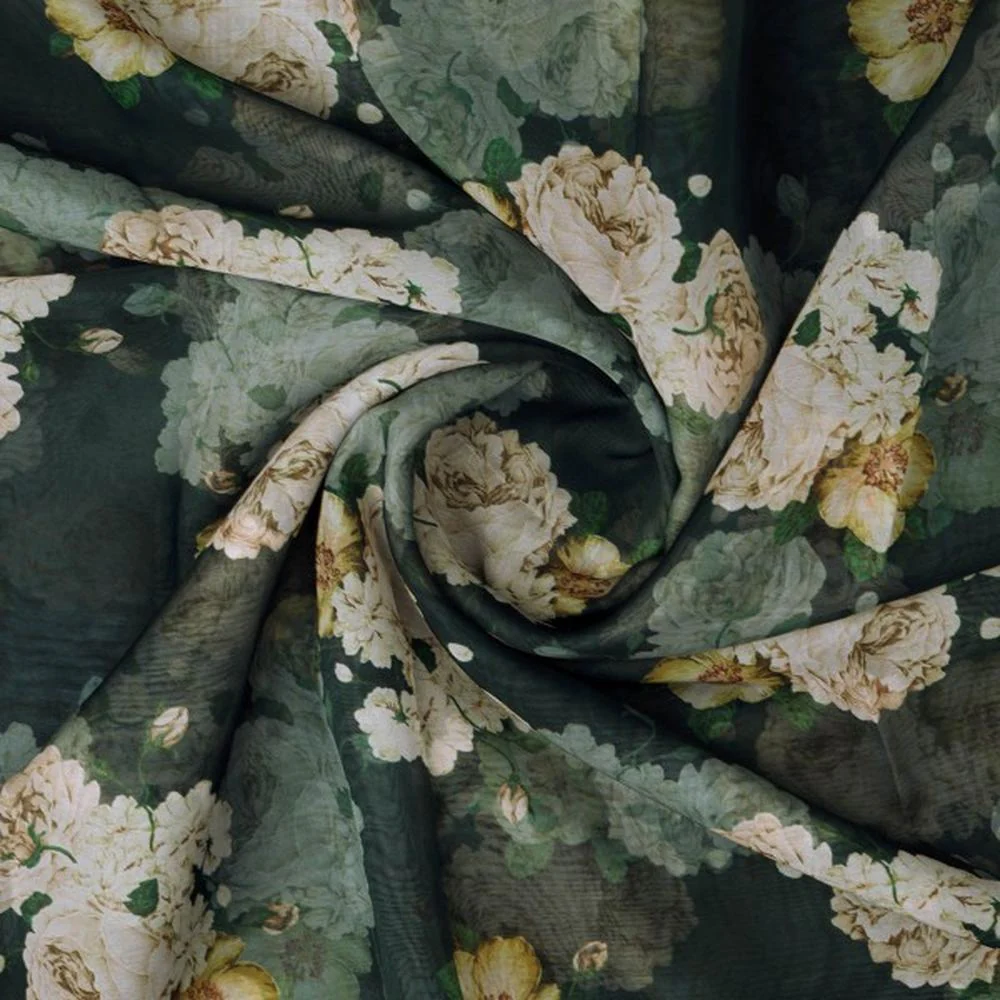 Dark Green Vintage Rose Floral Printed Organza Fabric - Image 3