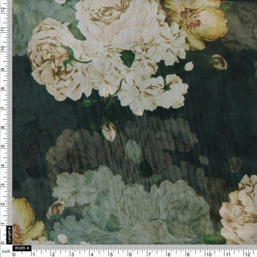 Dark Green Vintage Rose Floral Printed Organza Fabric - Image 4