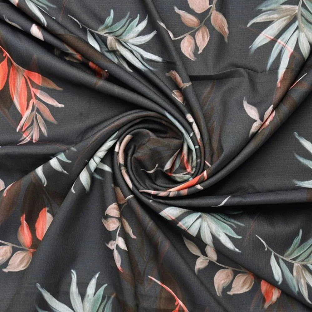Dark Grey Botanical Leaves Print Premium Polyester Fabric - Image 2