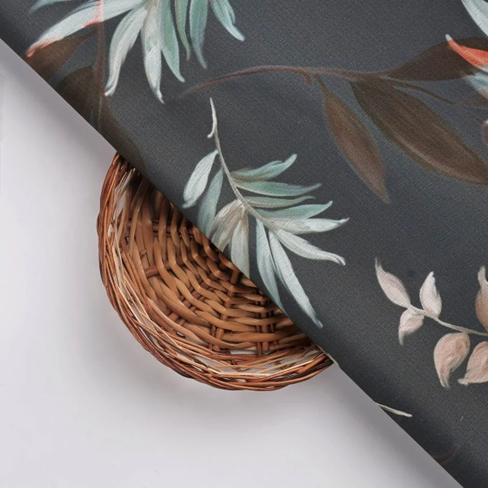 Dark Grey Botanical Leaves Print Premium Polyester Fabric - Image 3