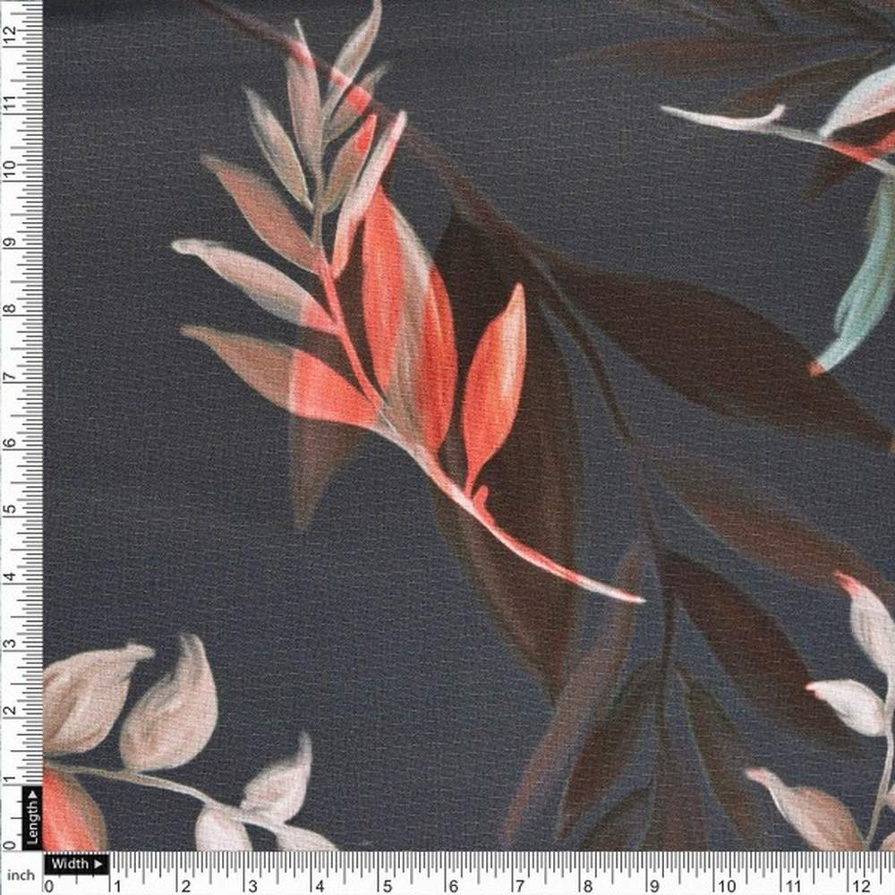 Dark Grey Botanical Leaves Print Premium Polyester Fabric - Image 4