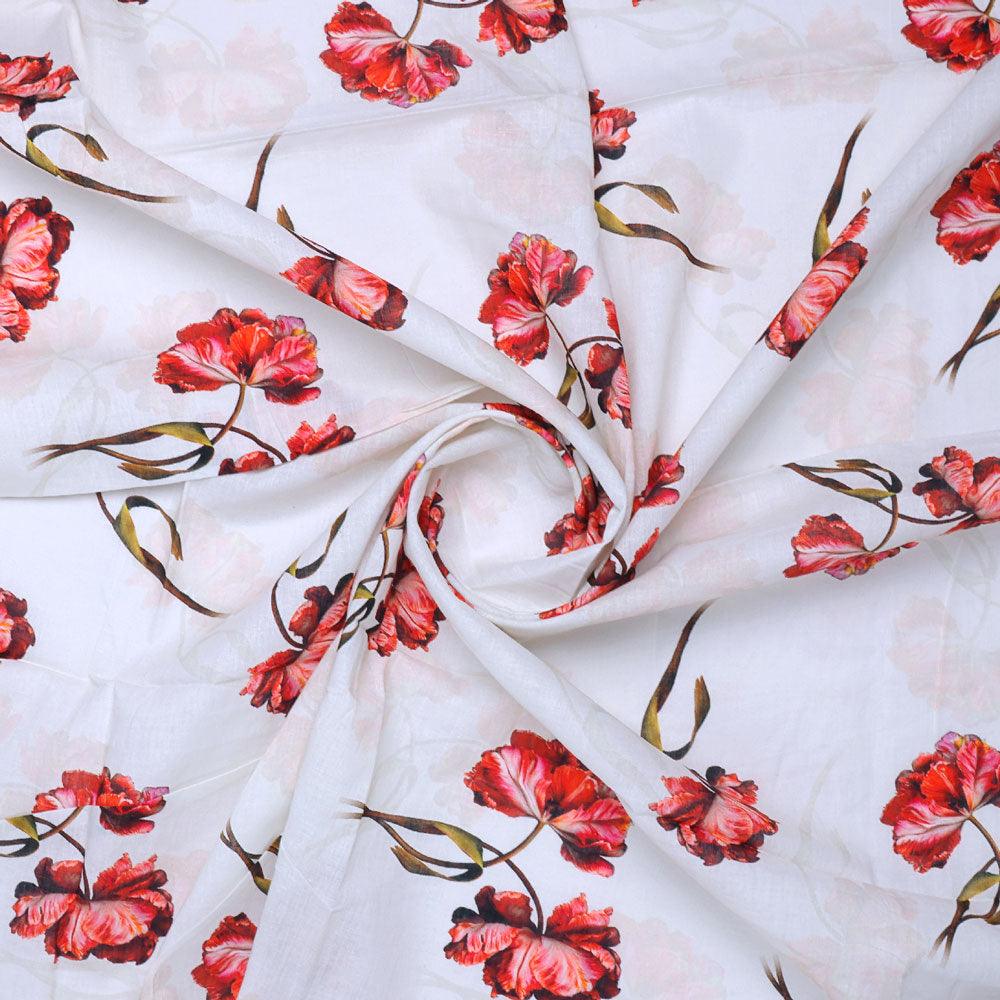Dark Red Flower Printed Pure Cotton Fabric Material - Image 2