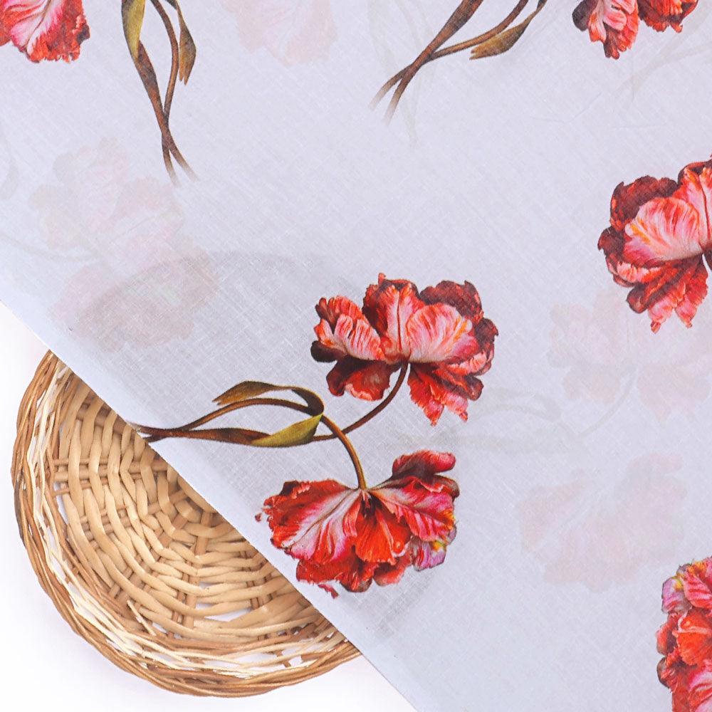 Dark Red Flower Printed Pure Cotton Fabric Material - Image 3