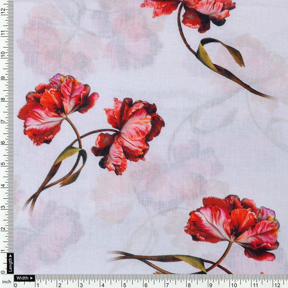 Dark Red Flower Printed Pure Cotton Fabric Material - Image 4