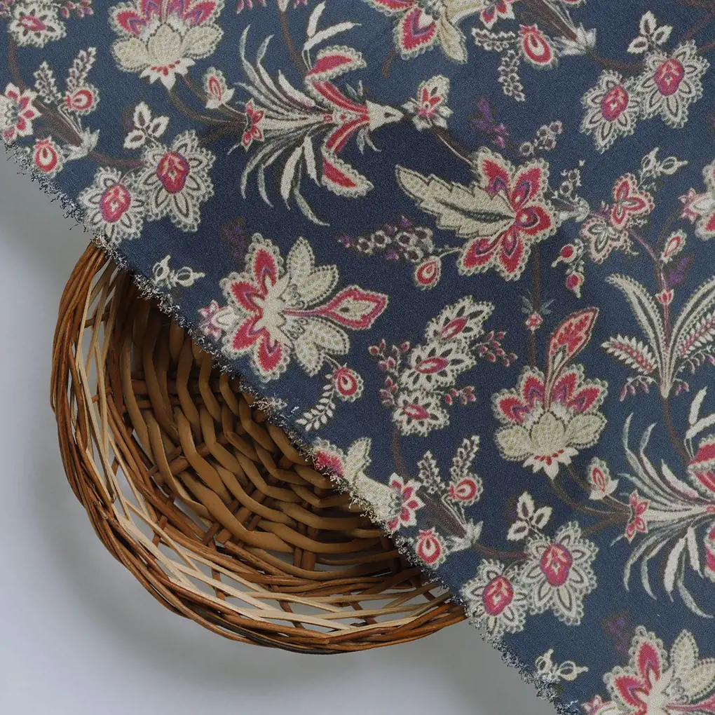 Decorative Jacobean Bluish Digital Printed Fabric - Crepe - Image 3