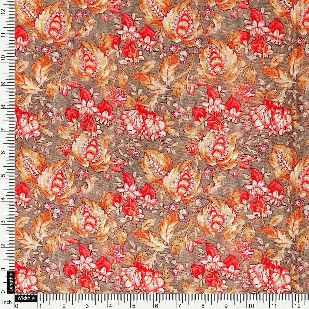 Decorative Leaves With Chiku Brown Digital Printed Fabric - Pure Cotton - Image 4