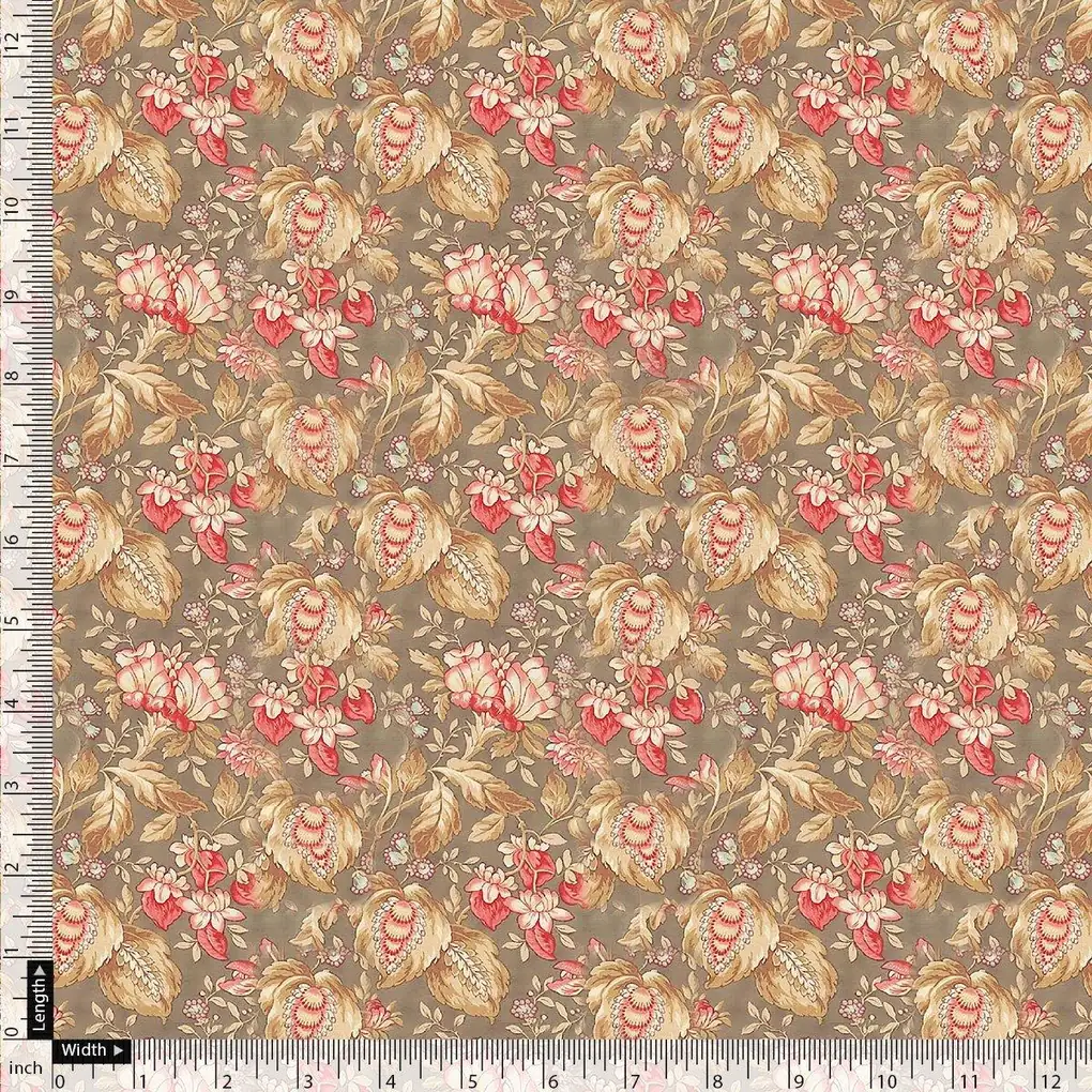 Decorative Leaves With Chiku Brown Digital Printed Fabric - Rayon - Image 4