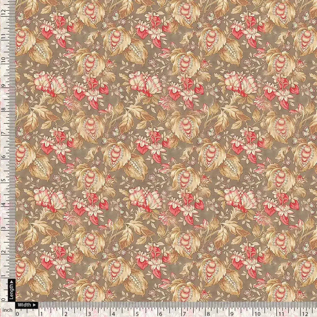 Decorative Leaves With Chiku Brown Digital Printed Fabric - Crepe - Image 4