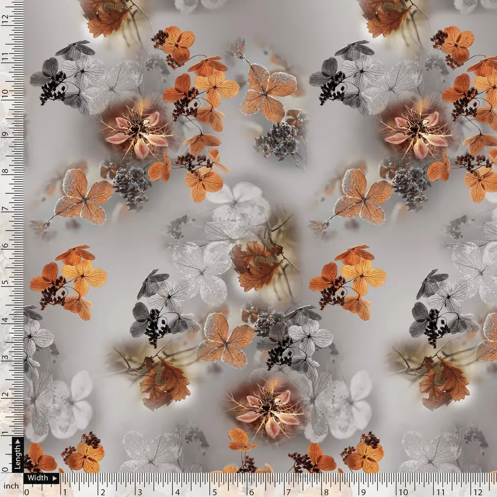 Decorative  Periwinkle Floral Flower With Gray Digital Printed Fabric - Japan Satin - Image 5