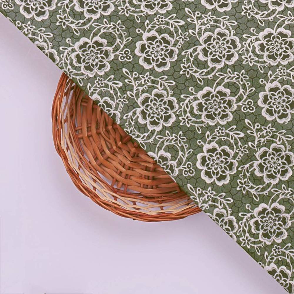 Delicate Floral Lace Print on Olive Green Muslin Fabric - Image 2