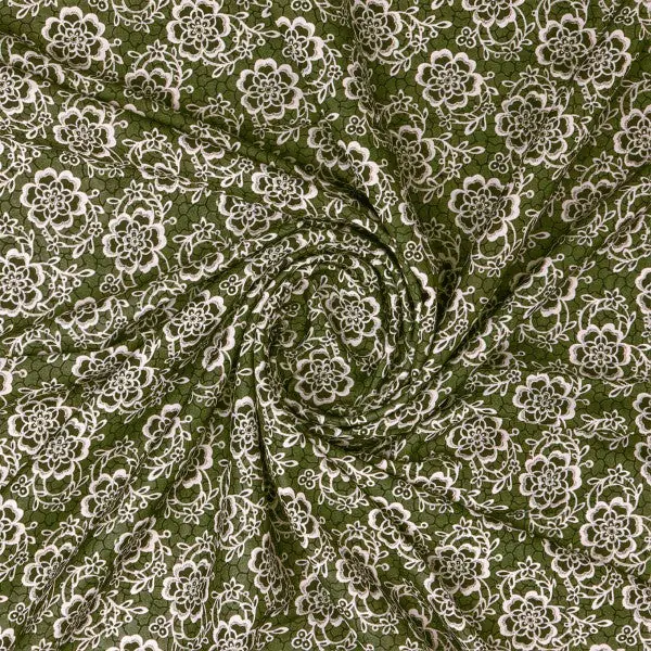 Delicate Floral Lace Print on Olive Green Muslin Fabric - Image 3