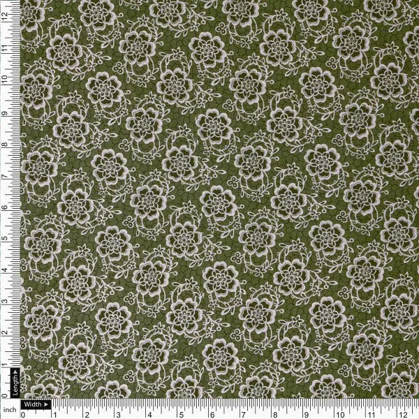 Delicate Floral Lace Print on Olive Green Muslin Fabric - Image 4