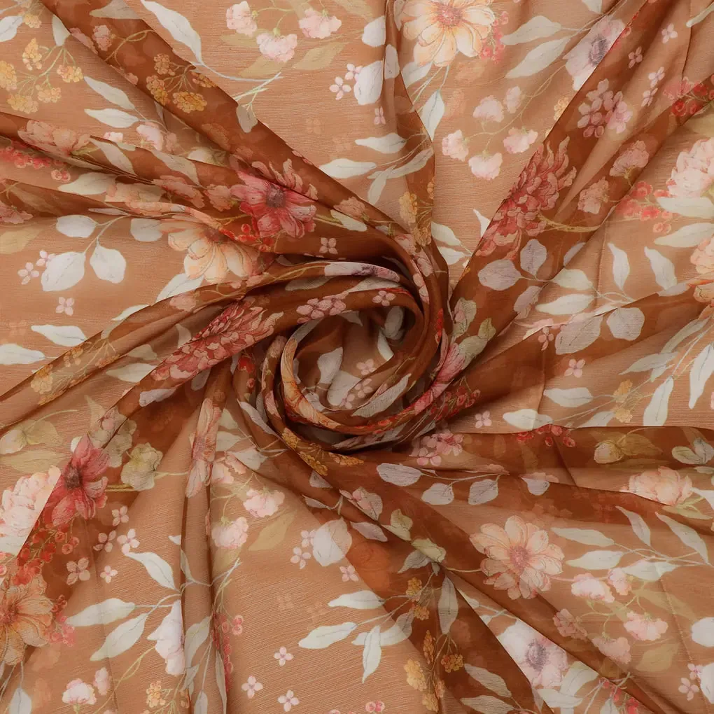 FAB VOGUE Studio Digital Printed Brown Chiffon Fabric - Floral Design - Image 3