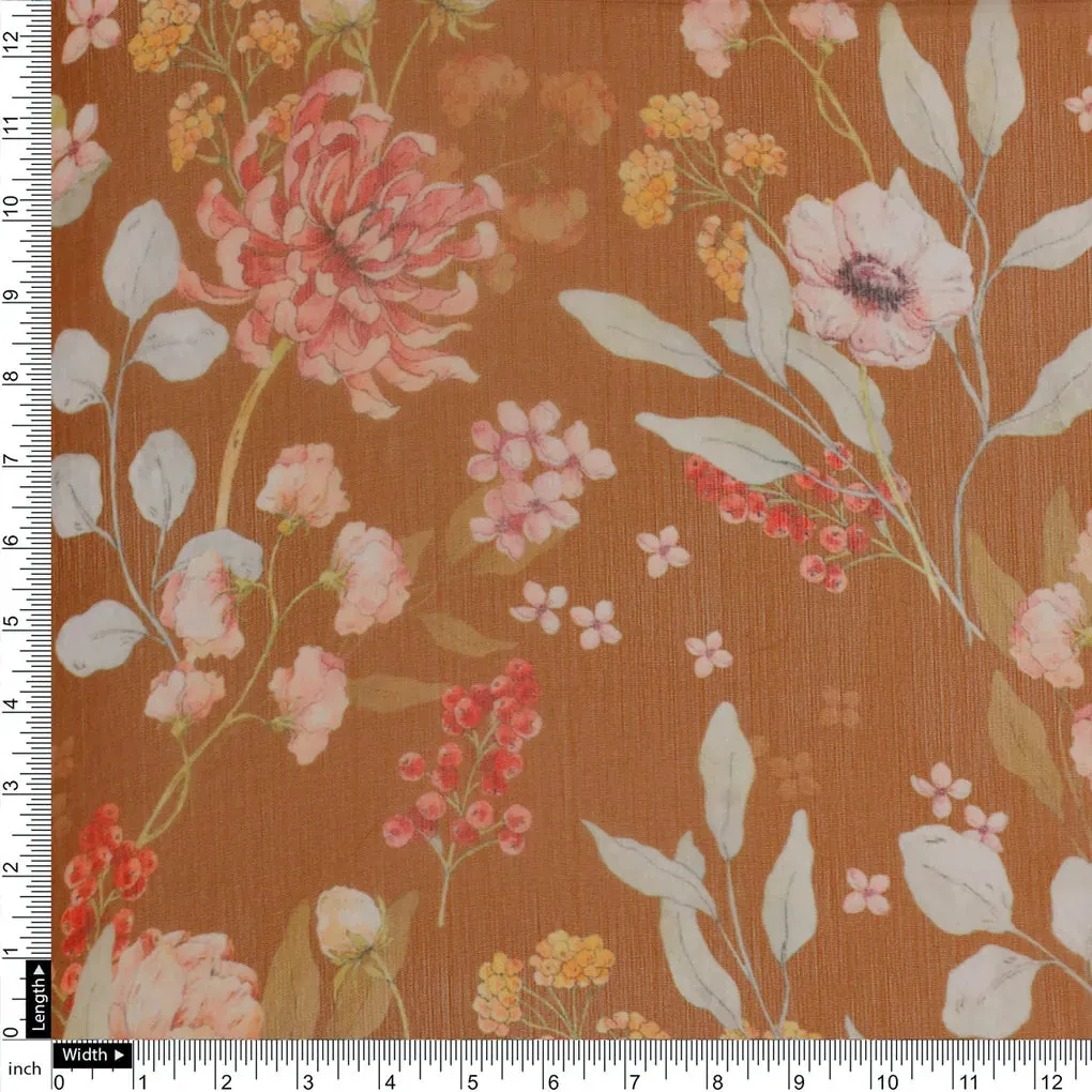 FAB VOGUE Studio Digital Printed Brown Chiffon Fabric - Floral Design - Image 4