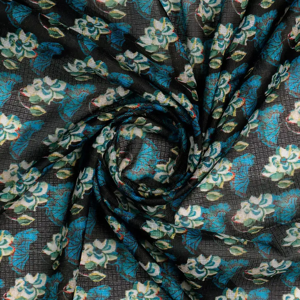 FAB VOGUE Studio Digital Printed Kota Doria Fabric - Blue Floral - Image 3