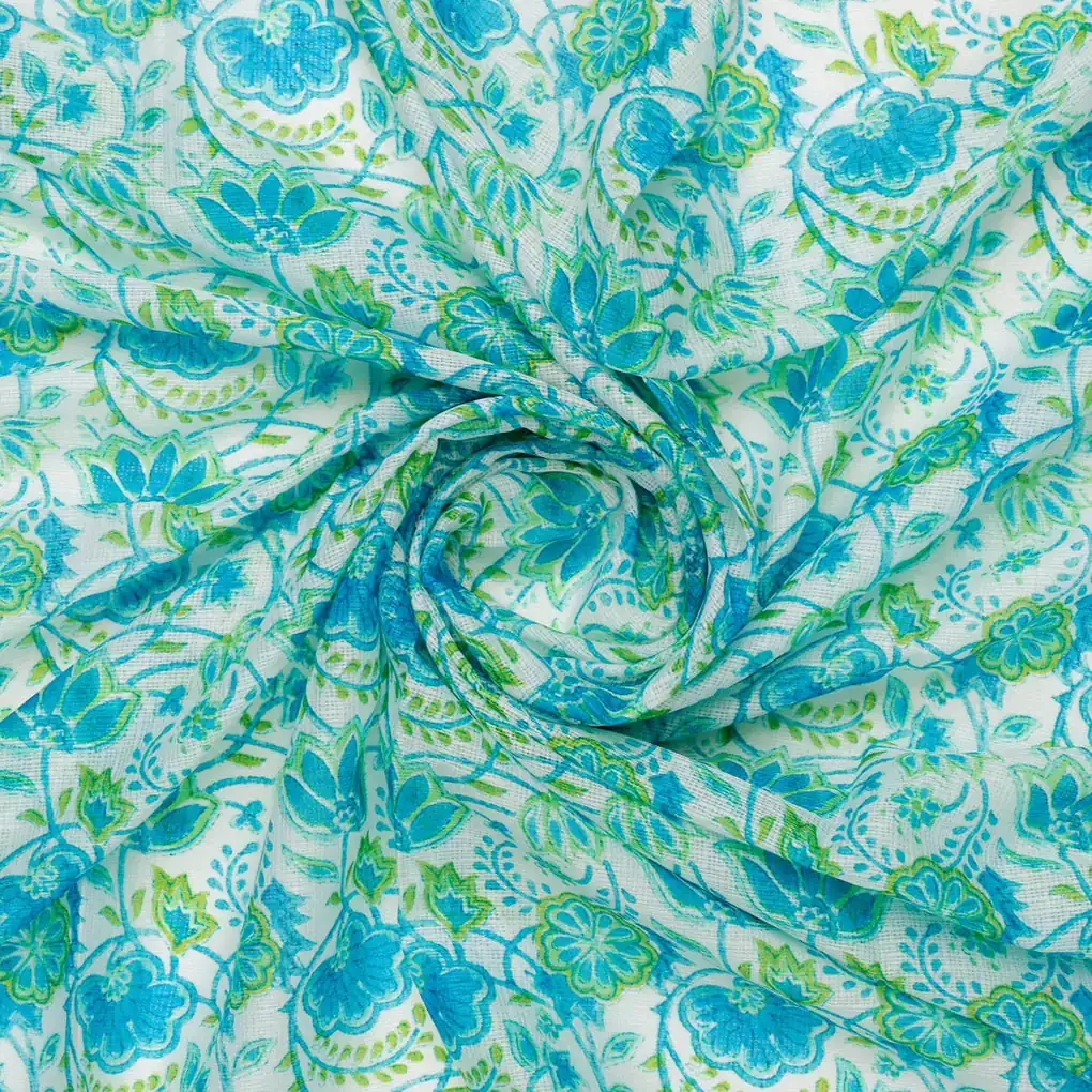 FAB VOGUE Studio Digital Printed Kota Doria Fabric -  Floral Blue & Green - Image 3