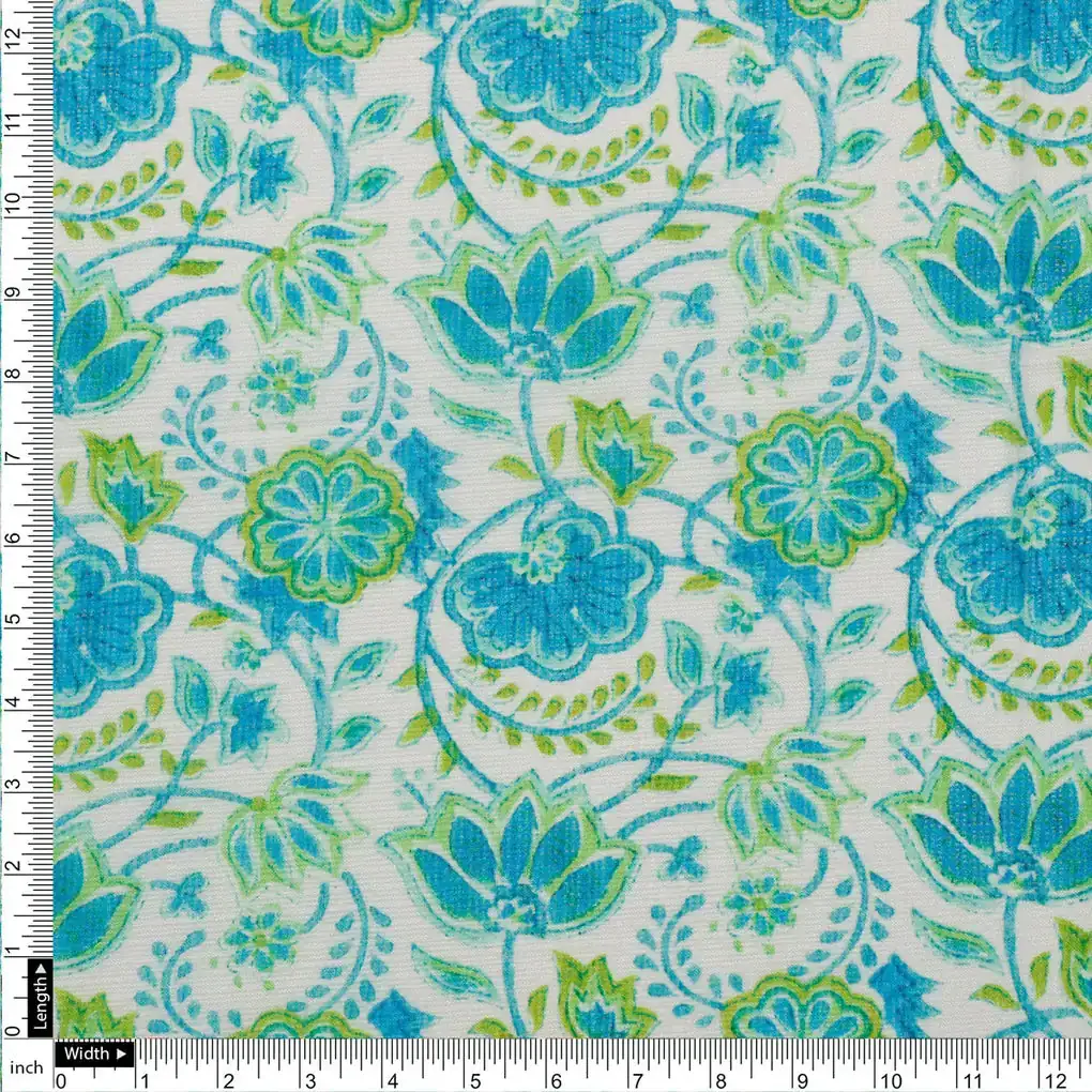 FAB VOGUE Studio Digital Printed Kota Doria Fabric -  Floral Blue & Green - Image 4