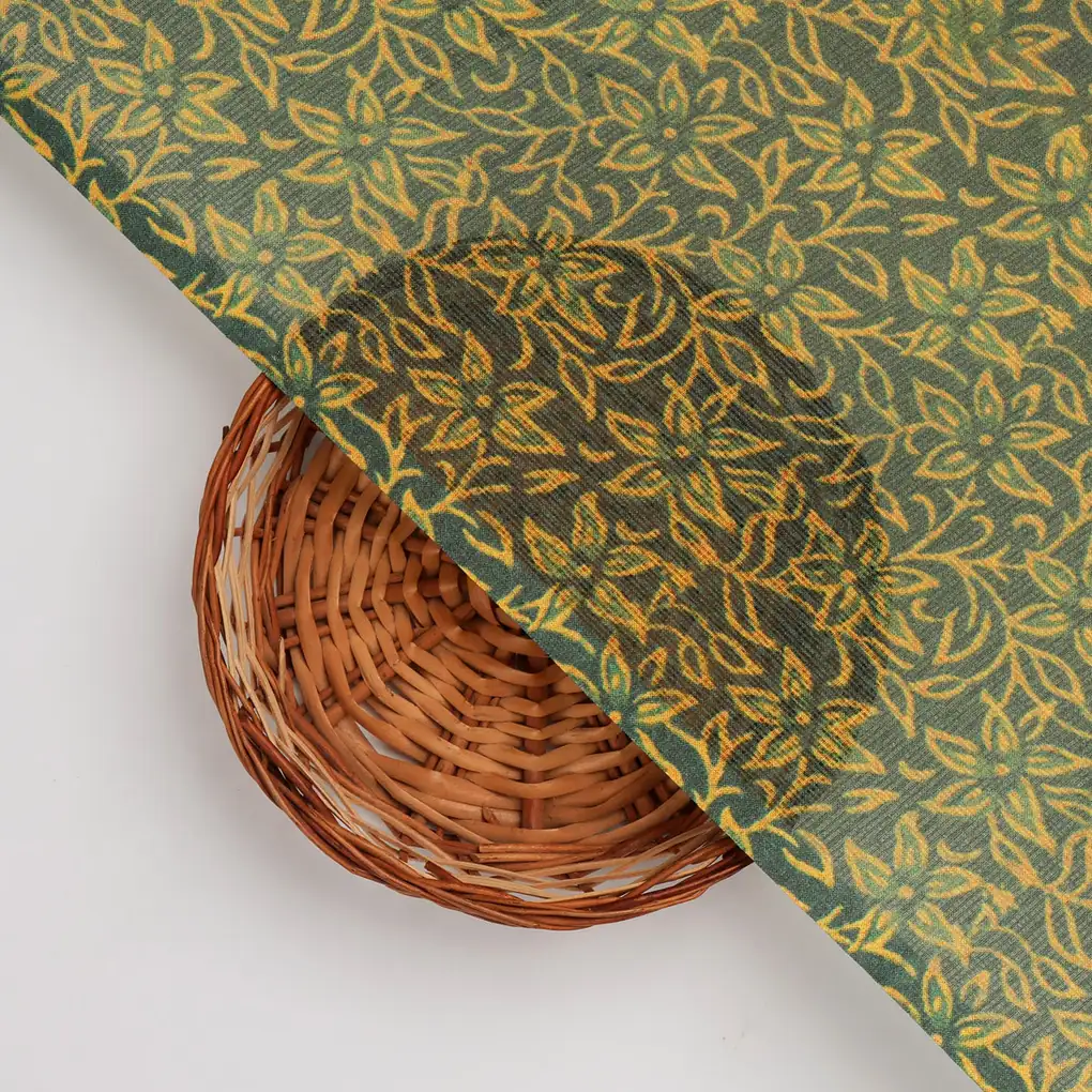 FAB VOGUE Studio Digital Printed Kota Doria Fabric - Floral,  Green & Gold - Image 2