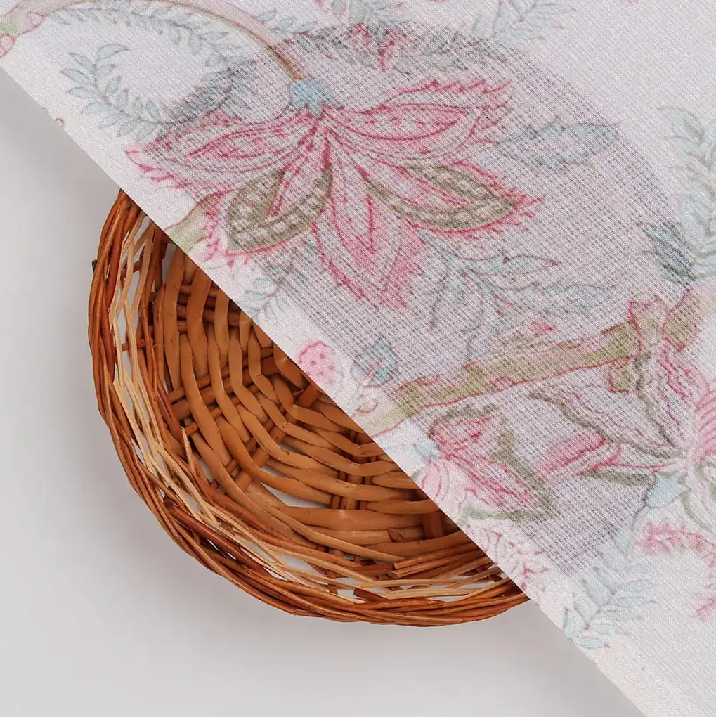 FAB VOGUE Studio Digital Printed Kota Doria Fabric - White Floral - Image 2