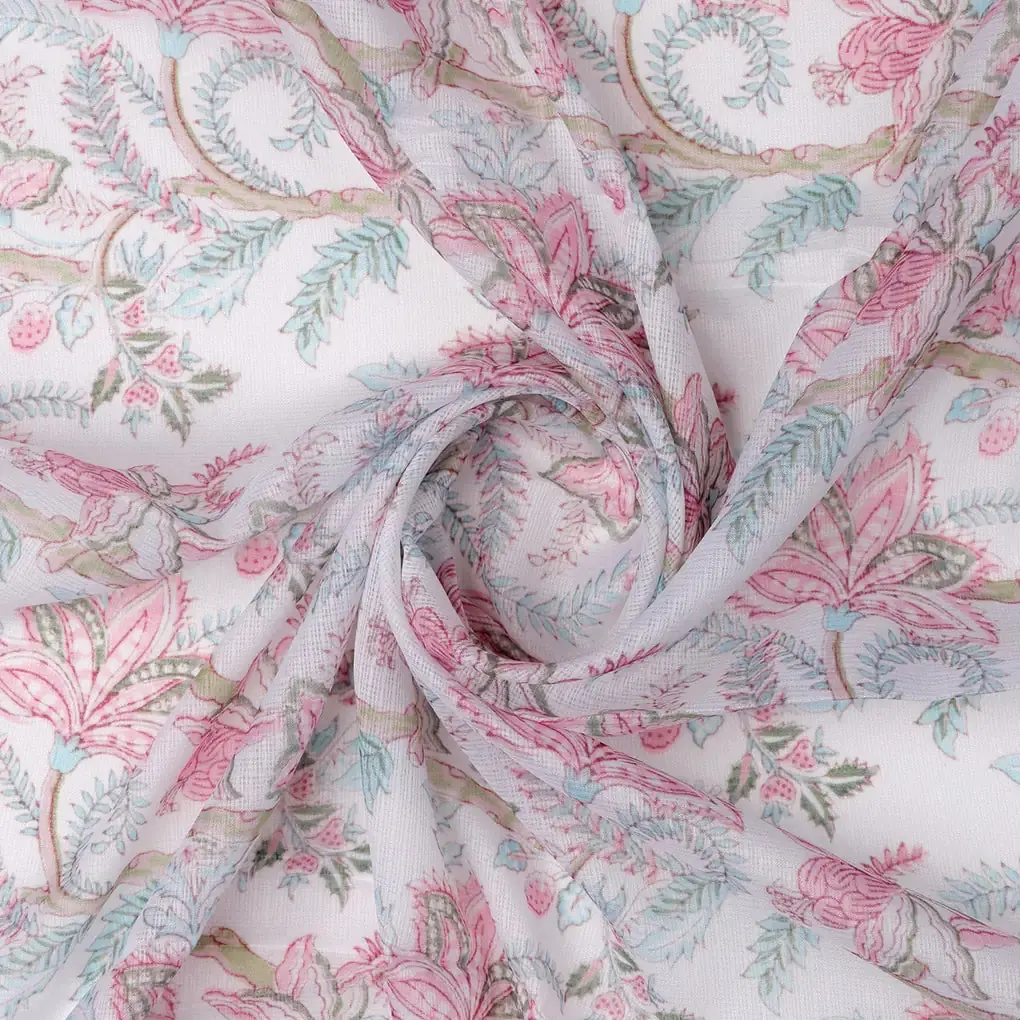 FAB VOGUE Studio Digital Printed Kota Doria Fabric - White Floral - Image 3