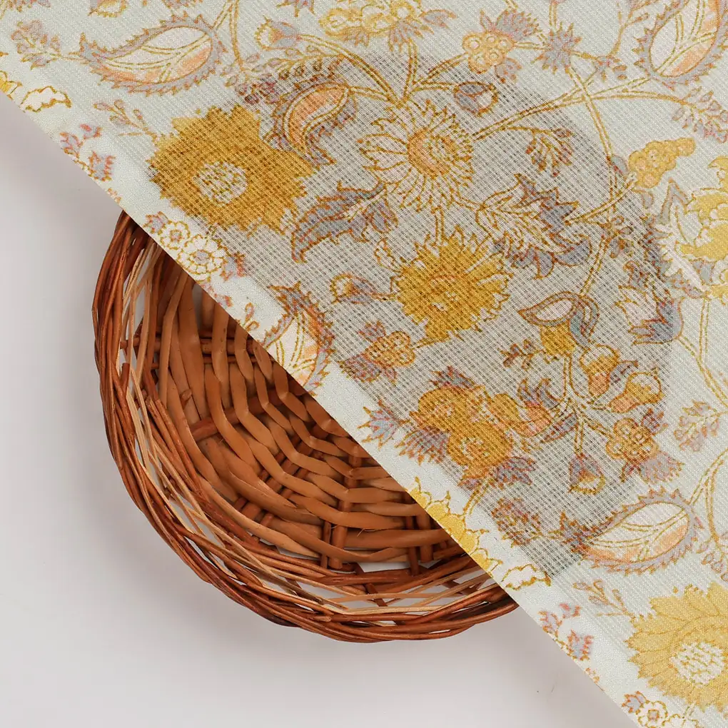 FAB VOGUE Studio Digital Printed Kota Doria Fabric - Yellow Floral Print - Image 2