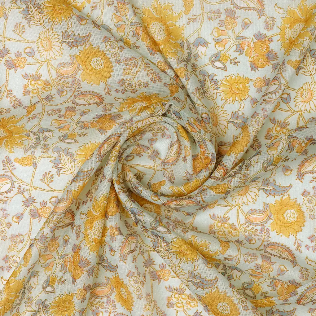FAB VOGUE Studio Digital Printed Kota Doria Fabric - Yellow Floral Print - Image 3