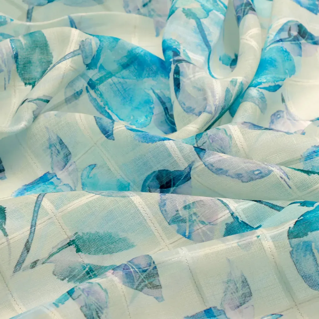 FAB VOGUE Studio Digital Printed Linen Fabric - Blue Floral Pattern - Image 3