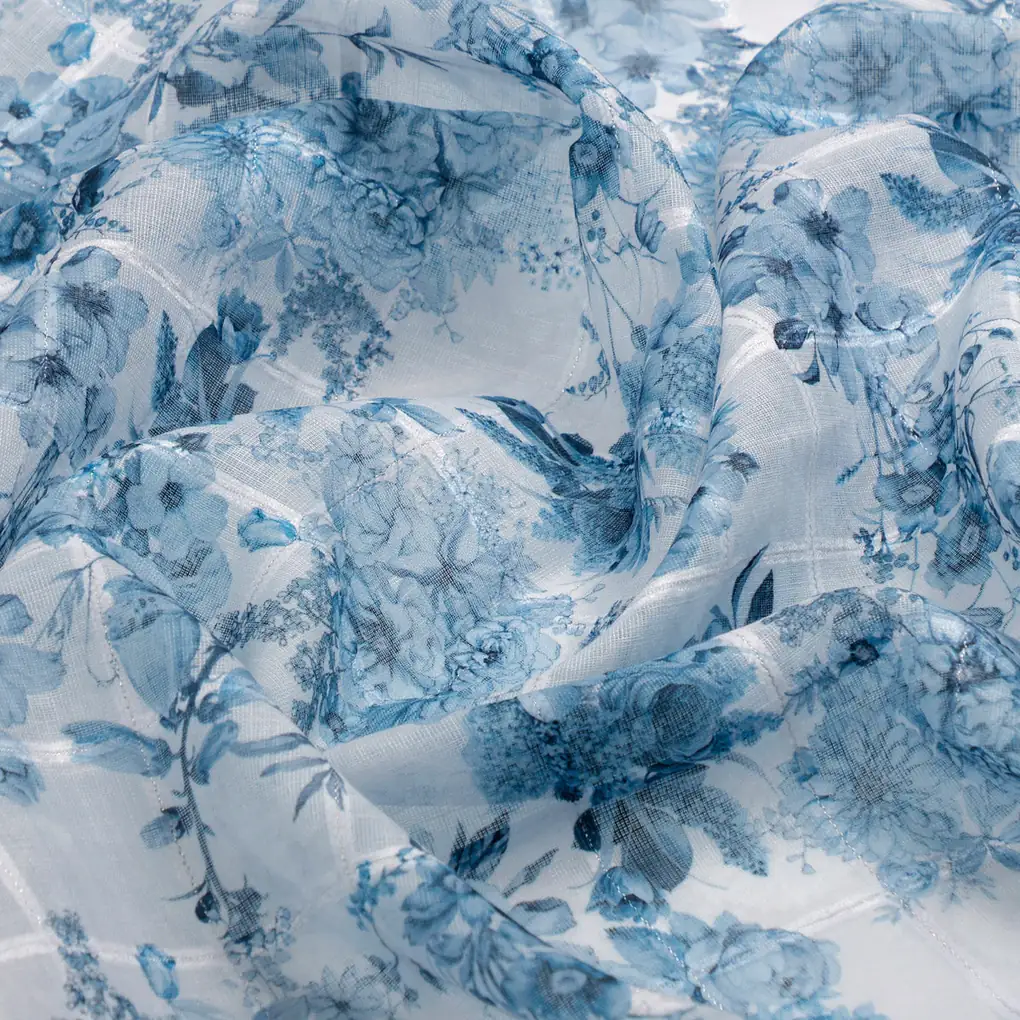 FAB VOGUE Studio Digital Printed Linen Fabric - Blue Floral, Polyester, 44 Inch - Image 3