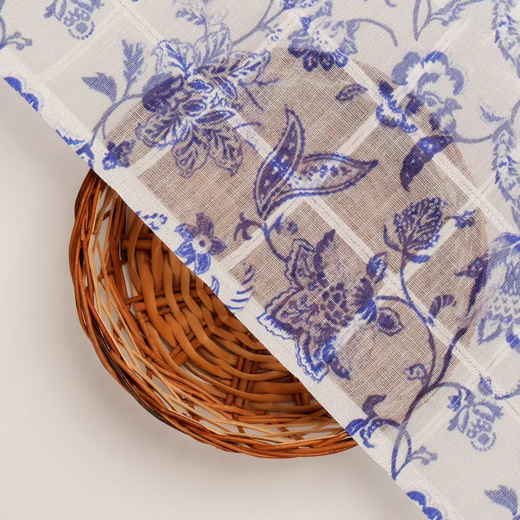 FAB VOGUE Studio Digital Printed Linen Fabric - Blue & White Floral - Image 2