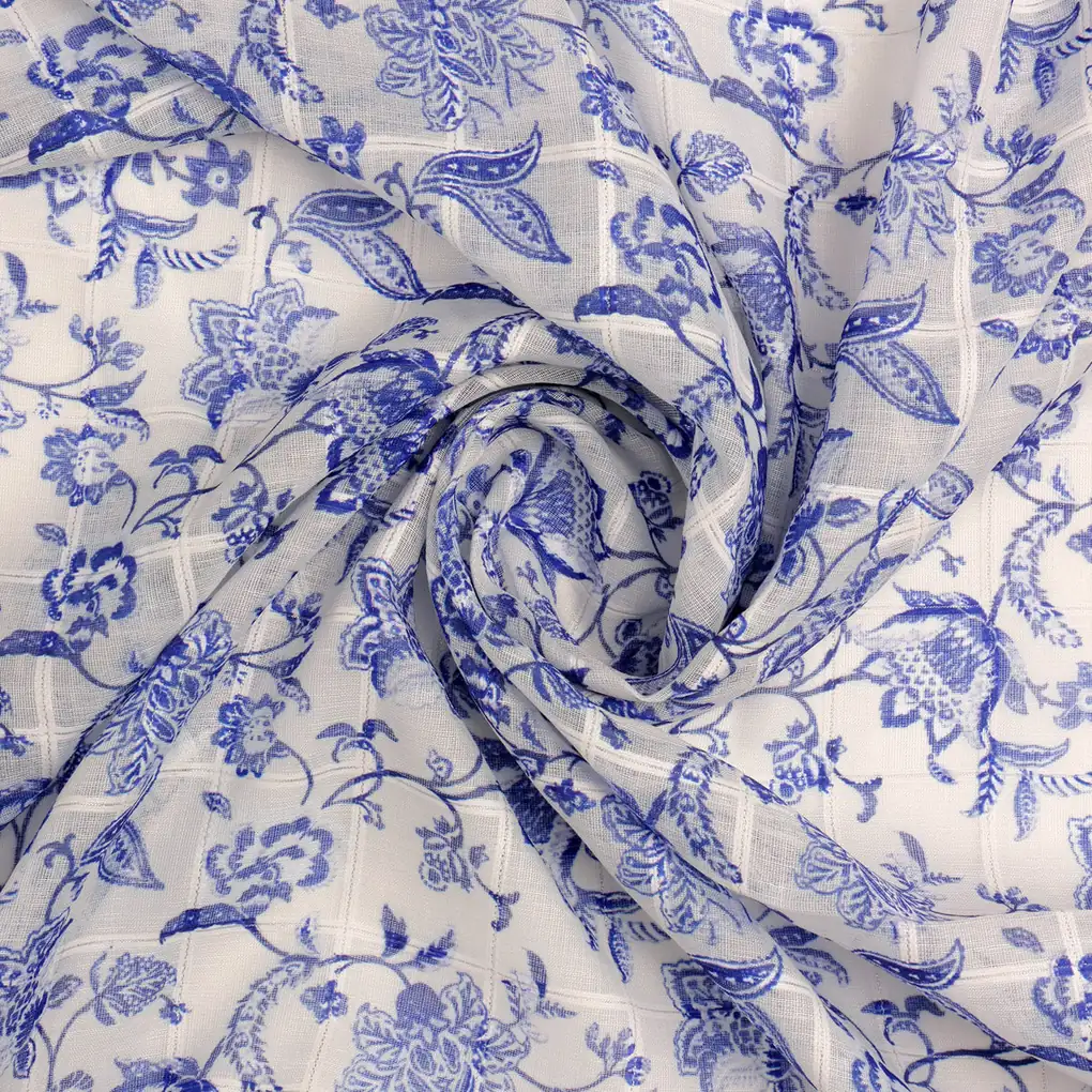 FAB VOGUE Studio Digital Printed Linen Fabric - Blue & White Floral - Image 3