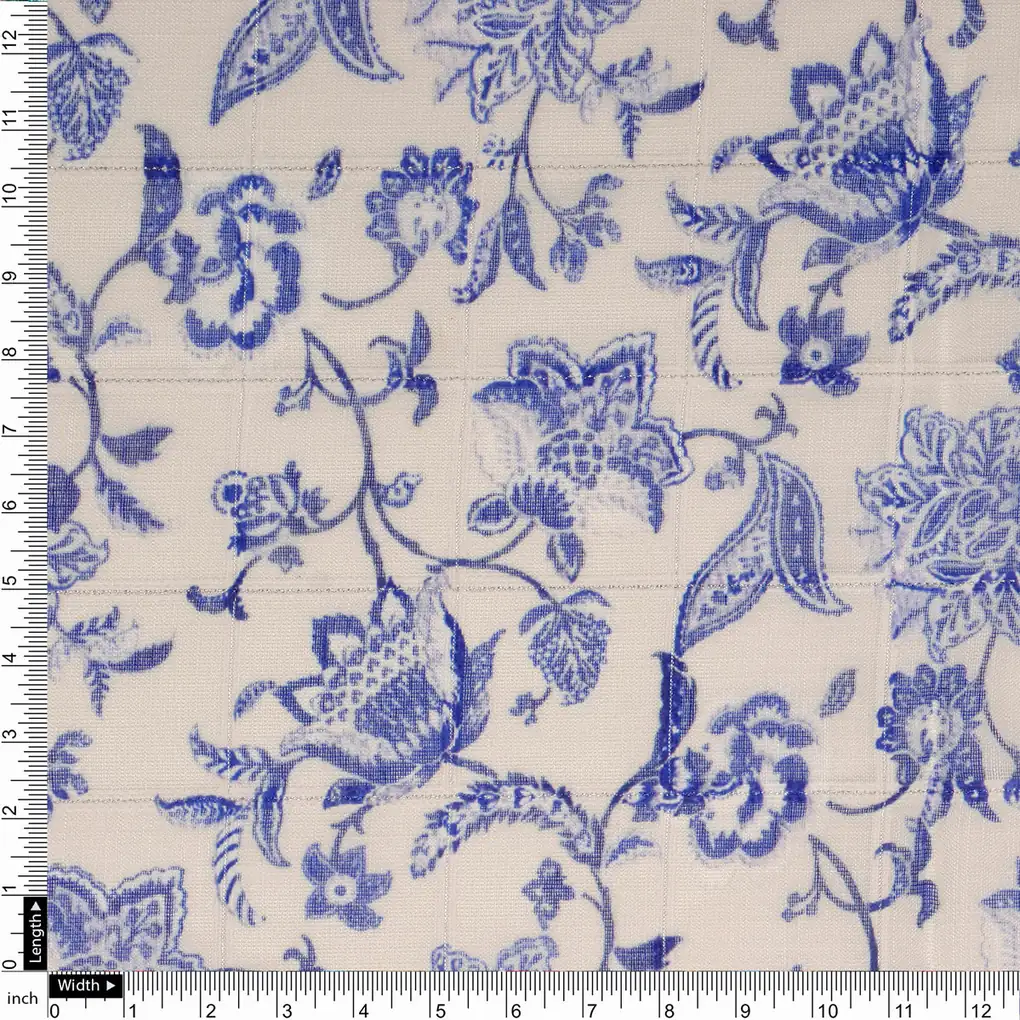 FAB VOGUE Studio Digital Printed Linen Fabric - Blue & White Floral - Image 4