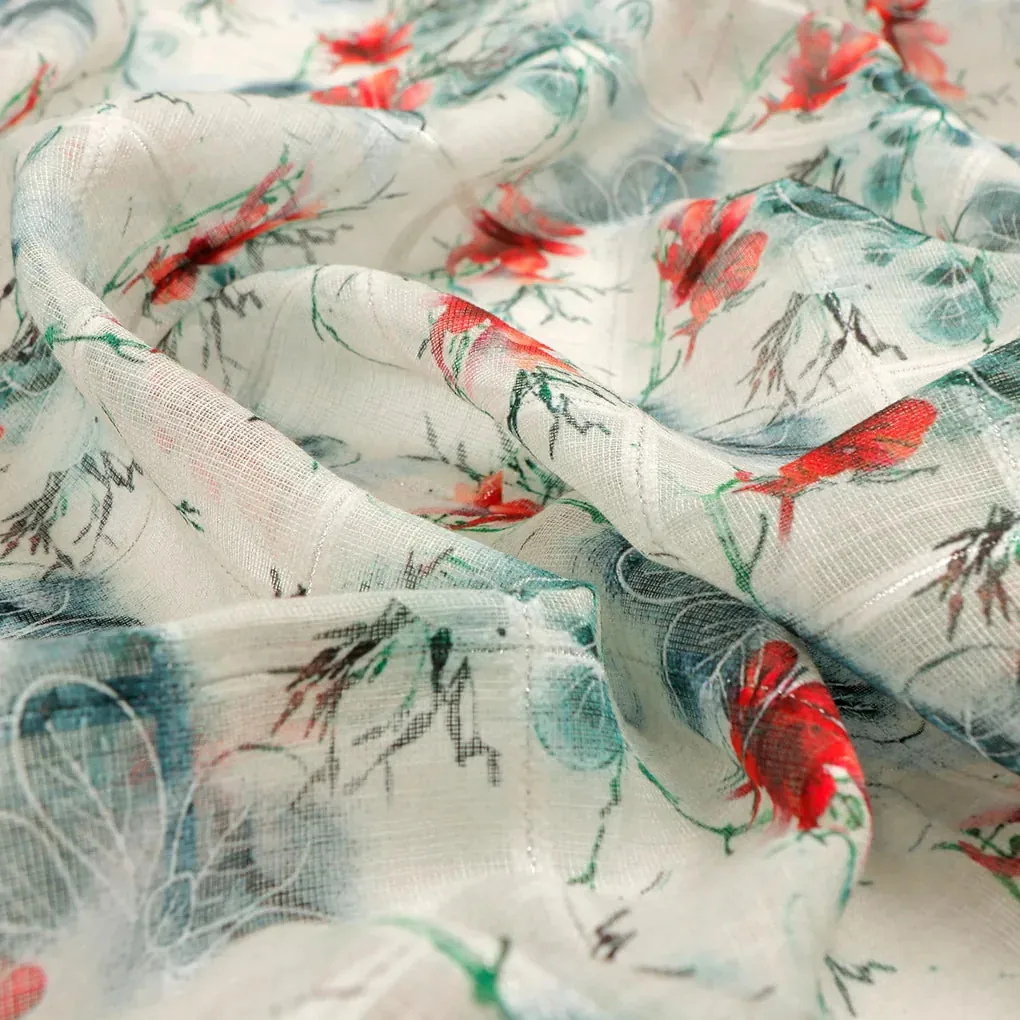 FAB VOGUE Studio Digital Printed Linen Fabric - Floral Pattern, White - Image 3