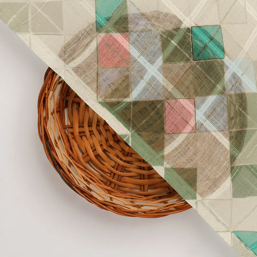FAB VOGUE Studio Digital Printed Linen Fabric - Geometric Pattern, Green & Blue - Image 2