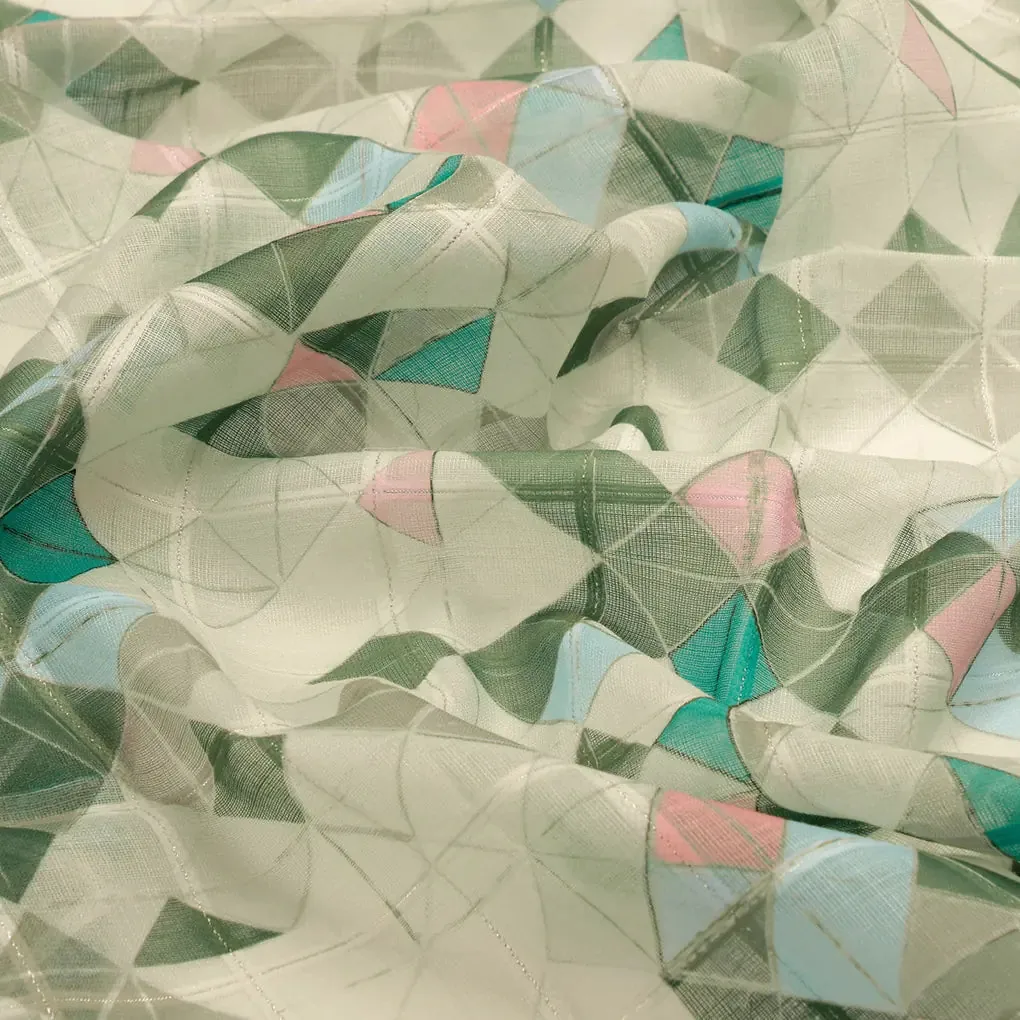 FAB VOGUE Studio Digital Printed Linen Fabric - Geometric Pattern, Green & Blue - Image 3