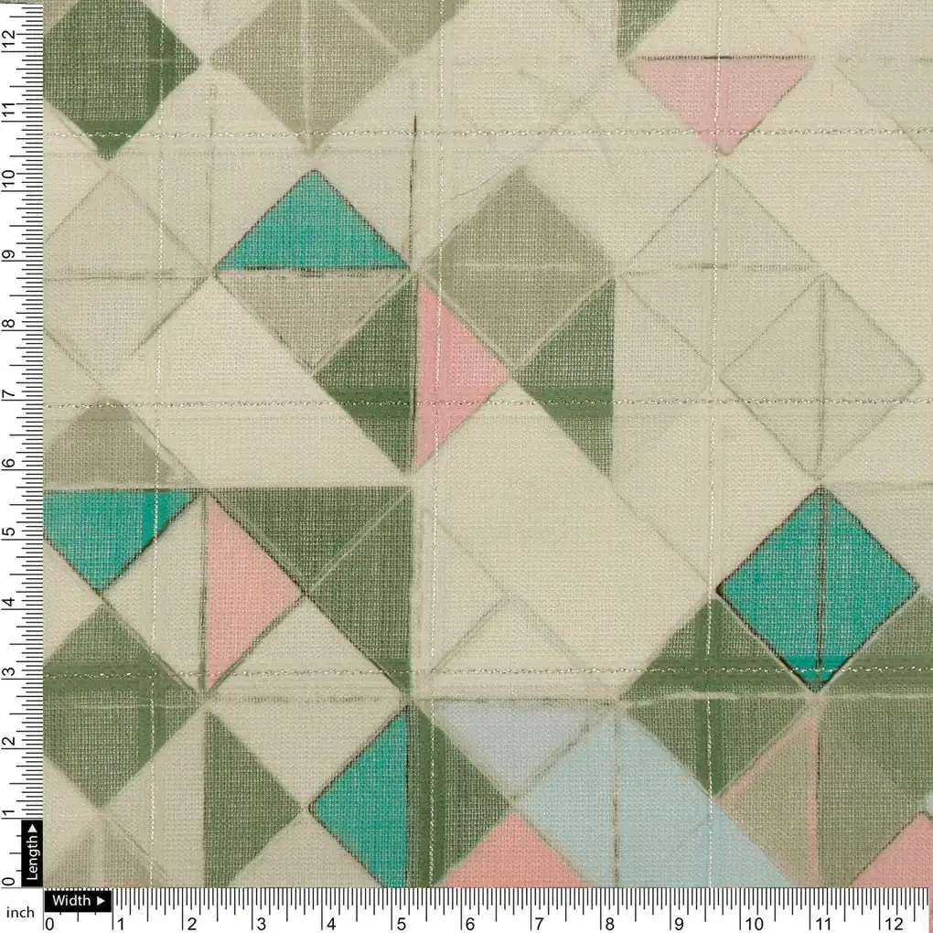 FAB VOGUE Studio Digital Printed Linen Fabric - Geometric Pattern, Green & Blue - Image 4