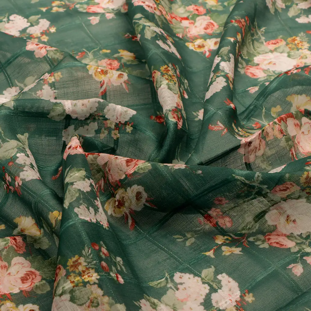 FAB VOGUE Studio Digital Printed Linen Fabric - Green Floral  -  Polyester - Image 3