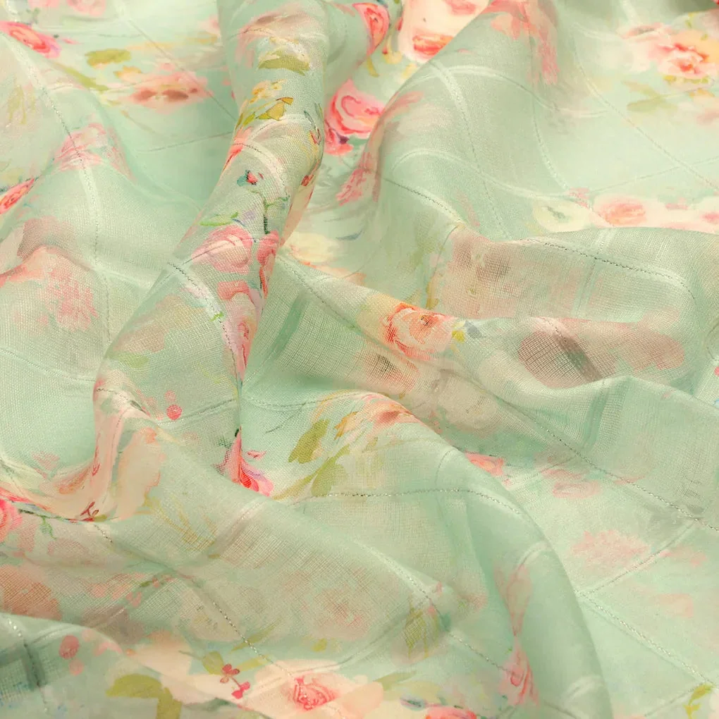 FAB VOGUE Studio Digital Printed Linen Fabric - Mint Green Floral - Image 3