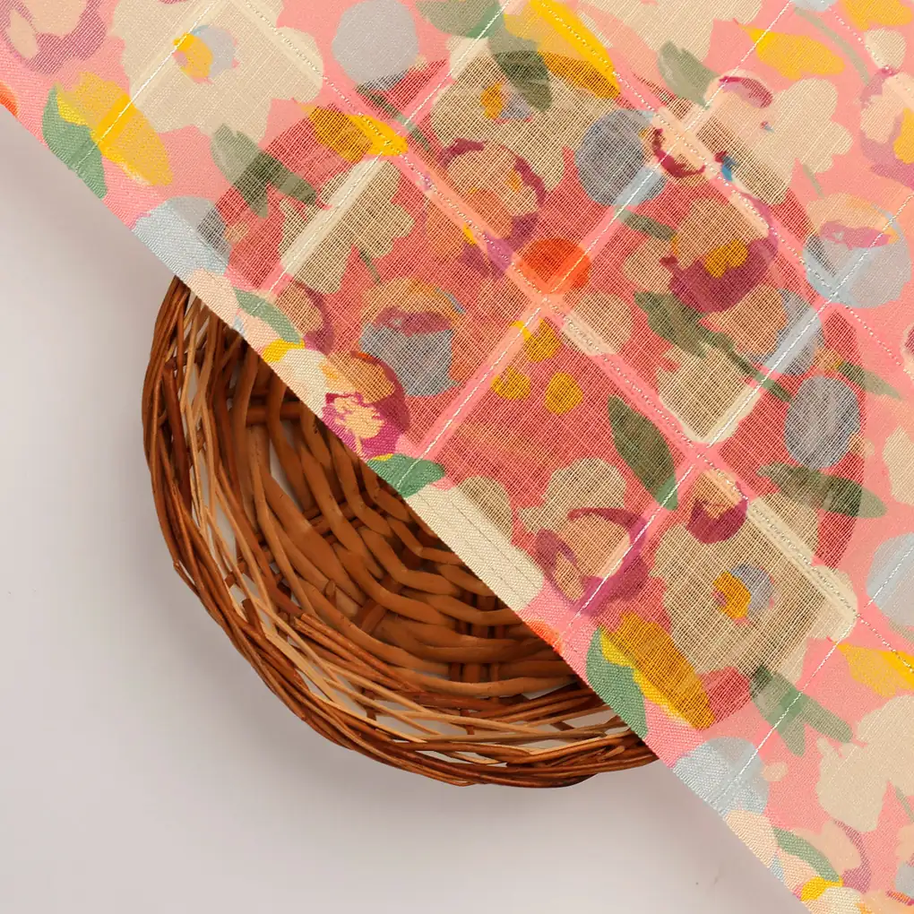 FAB VOGUE Studio Digital Printed Linen Fabric - Peach Floral Pattern - Image 2