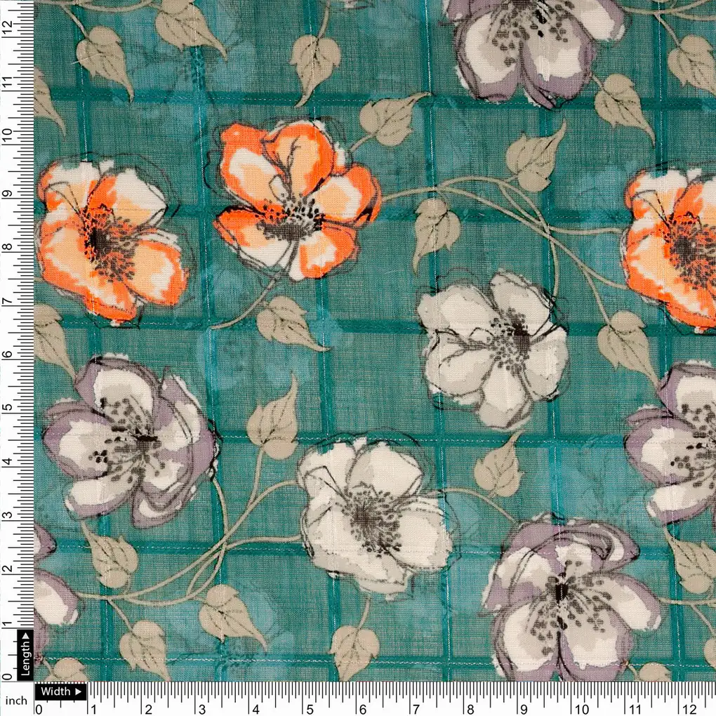 FAB VOGUE Studio Digital Printed Linen Fabric - Teal Floral - Image 3