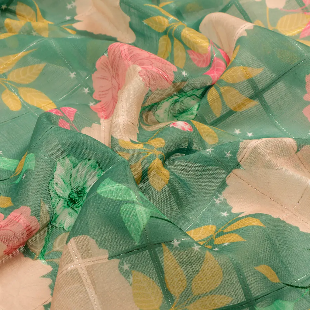 FAB VOGUE Studio Digital Printed Linen Polyester Fabric - Green Floral - Image 3