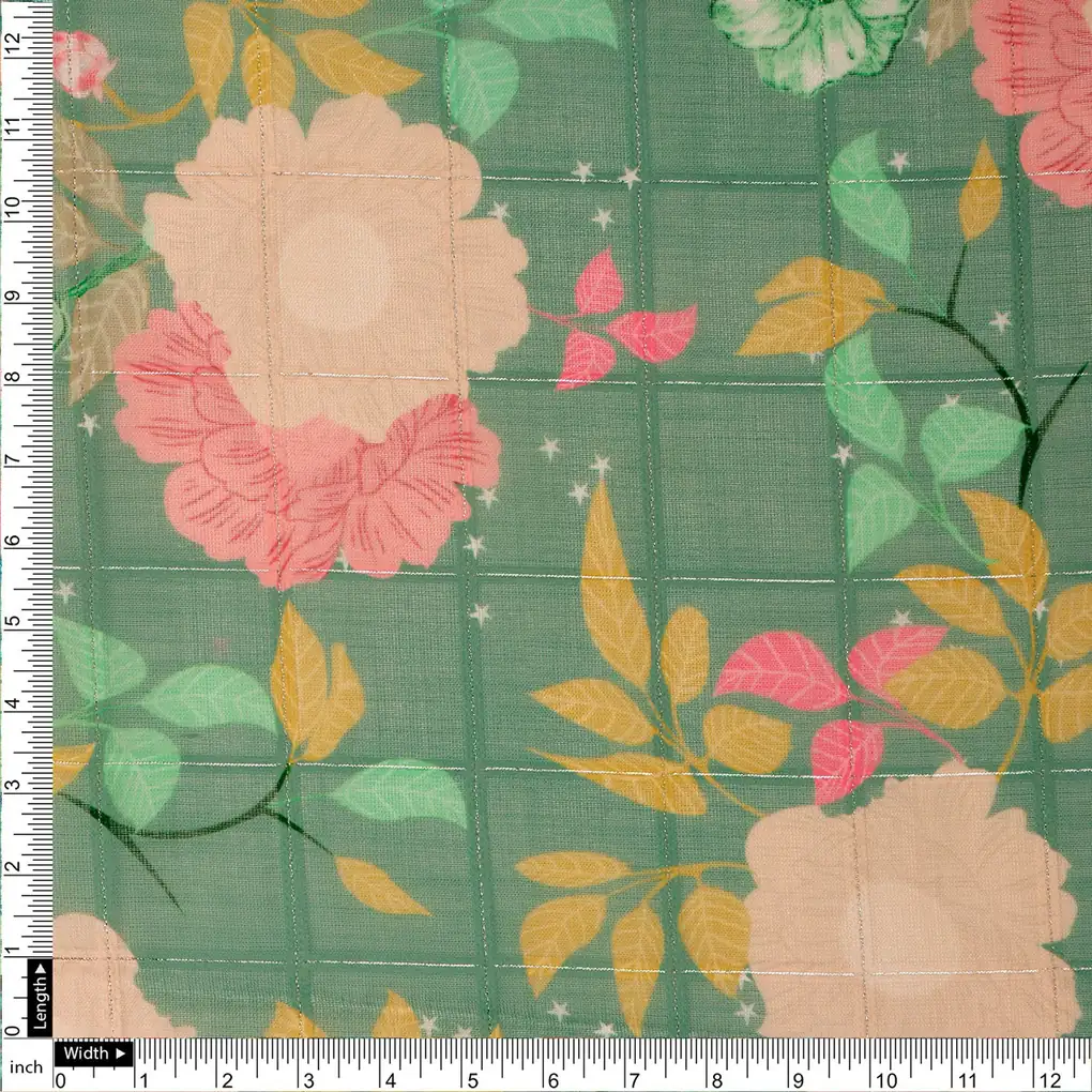 FAB VOGUE Studio Digital Printed Linen Polyester Fabric - Green Floral - Image 4